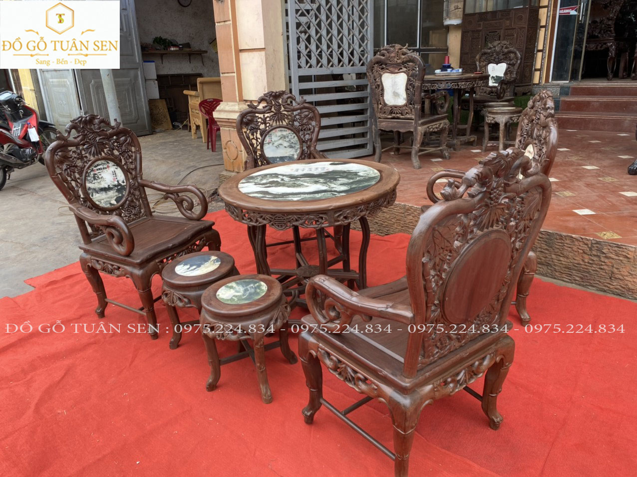 thông tin kích thước bàn ghế trúc kép gỗ gụ 7 món